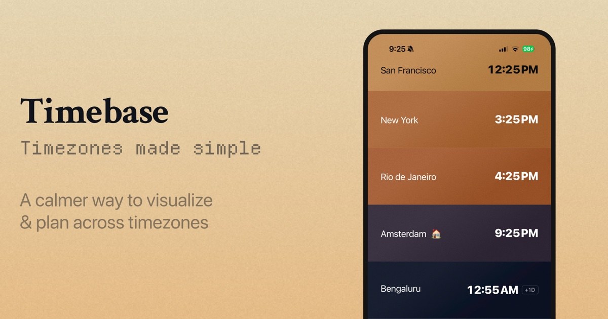 Timebase on the web and on iPhone: a row per city, coloured by the hour.